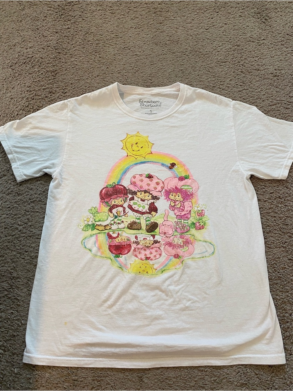 Womens Strawberry Shortcake White Buttercream Graphic  T-Shirt - Pink & Rainbow